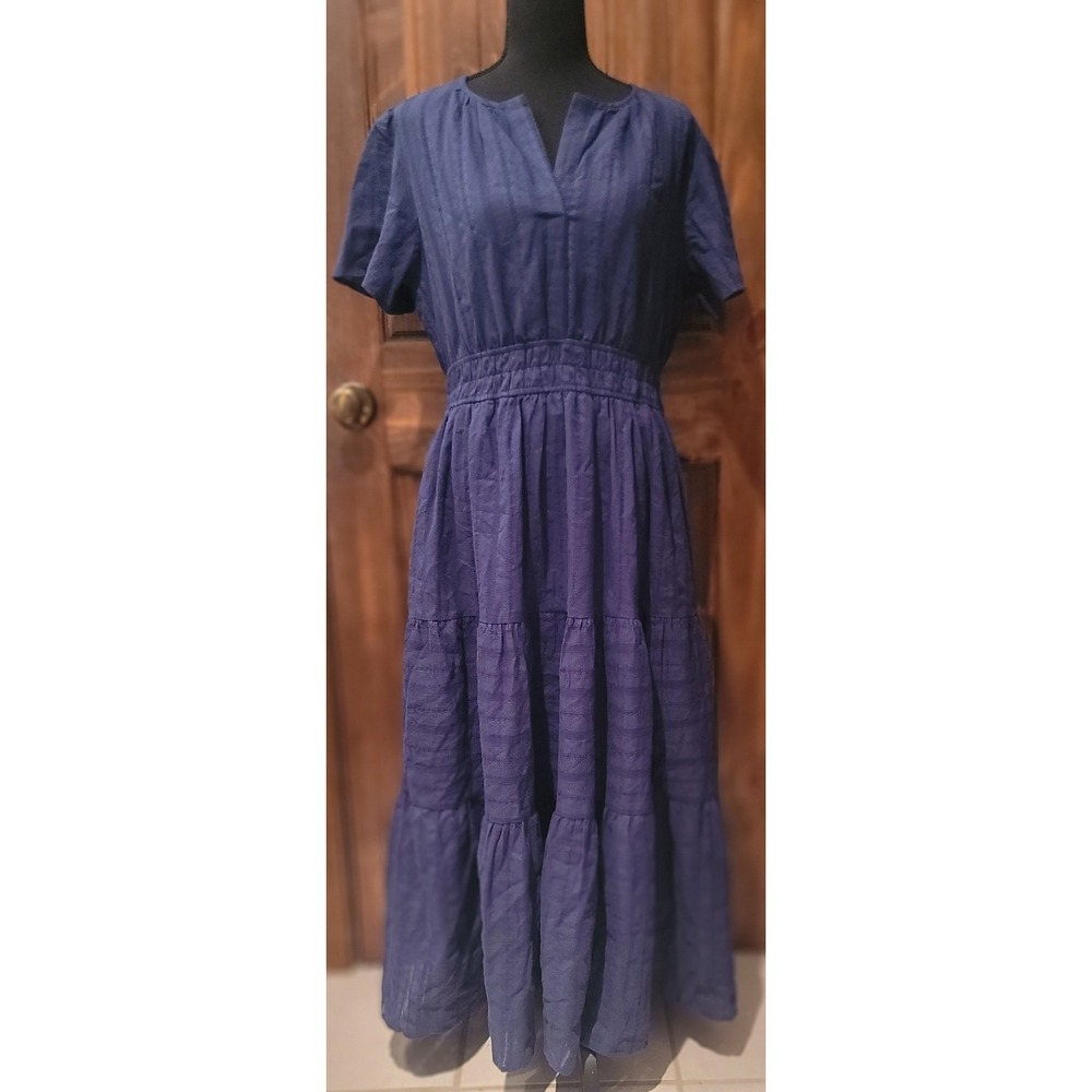 Tiered Midi Dress in Deep Blue with Short Sleeves